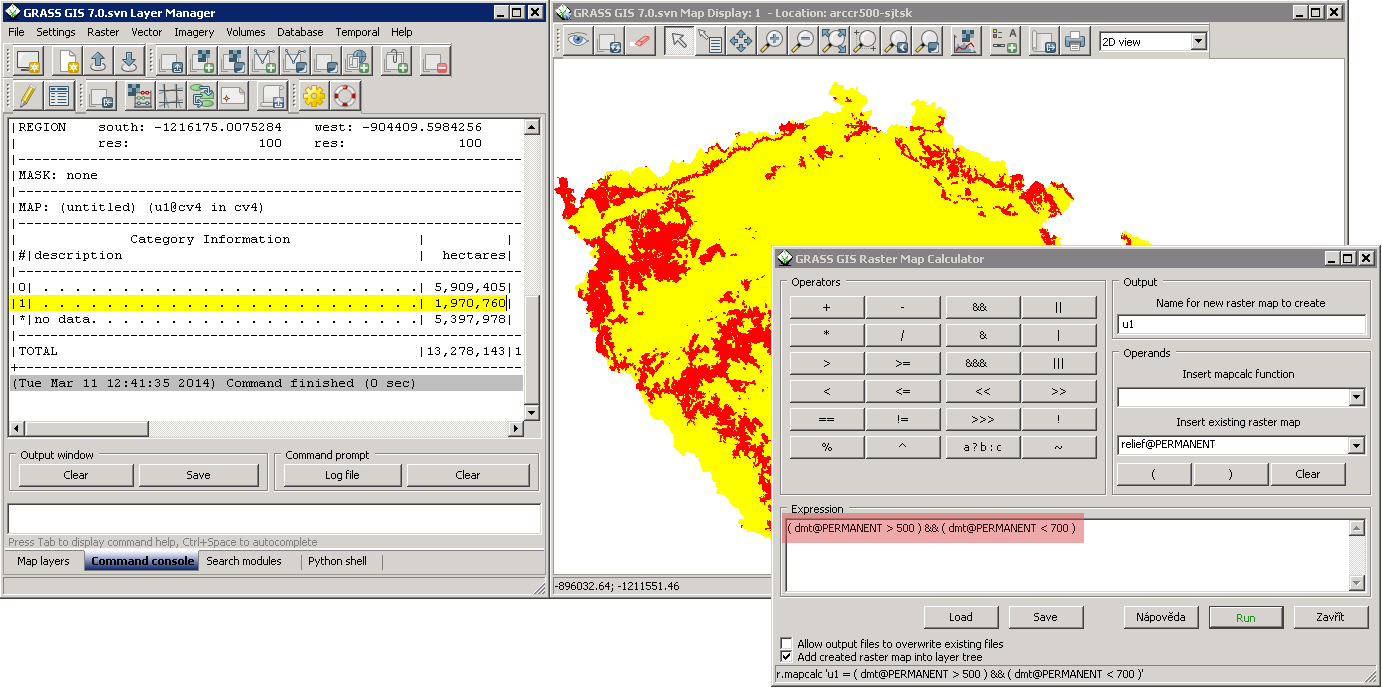 Obrázek 4.39: Dialog rastrového kalkulátoru. Obrázek 4.40: Příklad určení výměry území s nadmořskou výšku mezi 500 a 700 metry. r.mapcalc expression="elev_1000 = if(elev_state_500m > 1000, 1, null())" Výrazy lze uložit do souboru (na každý řádek jeden výraz) a soubor předat jako parametr file.