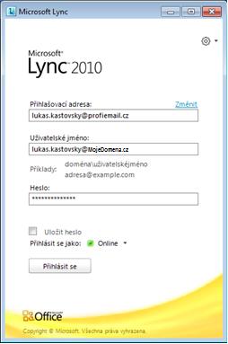 vytvořeno Tyto údaje obdržíte od pracovníků technické podpory při zřízení služby Profi Komunikace. Po spuštění aplikace MS Lync se zobrazí následující okno (viz obr.).