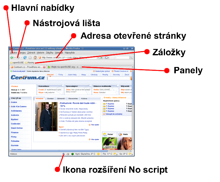 Obrázek 4.1 Hlavní okno prohlížeče Firefox 4.1.1 Rozšíření No script Součástí prohlížeče je také modul No script.