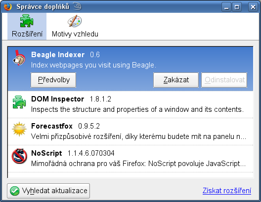 restartu prohlížeče bude rozšíření funkční. Přehled dostupných rozšíření si můžete prohlédnout i na adrese http://update.mozilla.org/. Obrázek 4.4 Instalace rozšíření Firefoxu 4.1.