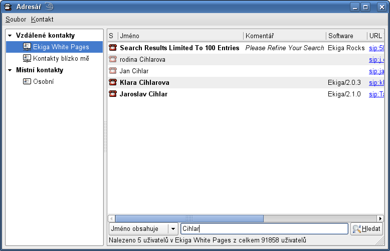 Obrázek 4.10 Ekiga White Pages Pokud se budete s uživatelem spojovat častěji, můžete si ho vložit do adresáře.