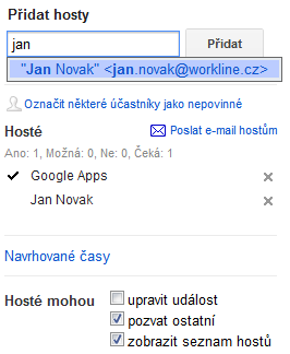 1 Nového hosta přizvete k události v políčku Přidat hosty. Do tohoto pole začnete psát e-mailovou adresu nebo jméno hosta a systém vám sám nabídne dostupné kontakty z vašeho adresáře.