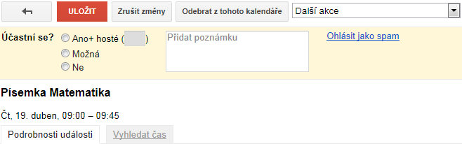 V tuto chvíli už jsou nastaveny všechny potřebné údaje a událost může být uložena. Na základě uložení dojde k odeslání pozvánky na e-mailovou adresu vašich hostů.