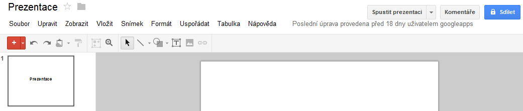 Vytváříme novou prezentaci Jak už bylo řečeno, prezentaci poskládáme z jednotlivých snímků. Nově vytvořená prezentace obsahuje 1 snímek s rozložením Název.