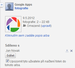 2 1 Po nasdílení alba se můžete přesvědčit, jestli došlo k nějaké změně. Na stránce konkrétního alba vidíte v pravé části obrazovky okno vlastností alba.