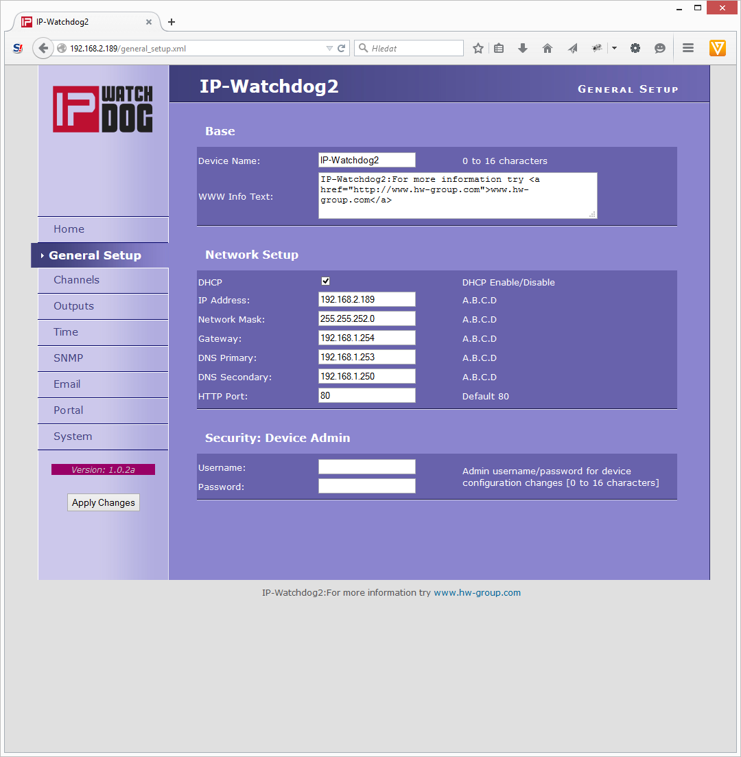 General Setup Sekce Base Device Name název zařízení (HWg-SMS-GW3) - umožňuje rozlišovat jednotlivé IP WatchDog2 v síti.