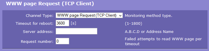 Reset by Ping Outgoing Ping (zobrazeno v závislosti na nastavení Channel Type) Timeout for reboot interval pro odeslání požadovaných PINGů. Ping primary address primární adresa cílového zařízení.