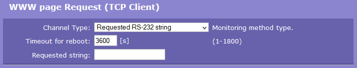 Monitoring by RS-232 String Timeout for reboot interval, po který IP WatchDog2 čeká na příchod řetězce na příslušném RS-232 portu, než vyvolá Reset.