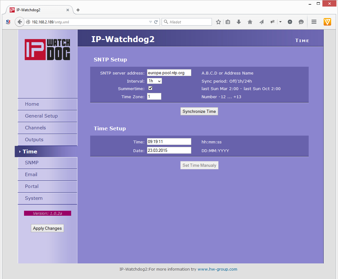 Time Sekce SNTP Setup SNTP Server IP adresa nebo doménová adresa serveru pro synchronizaci času Interval interval synchronizace času se serverem.