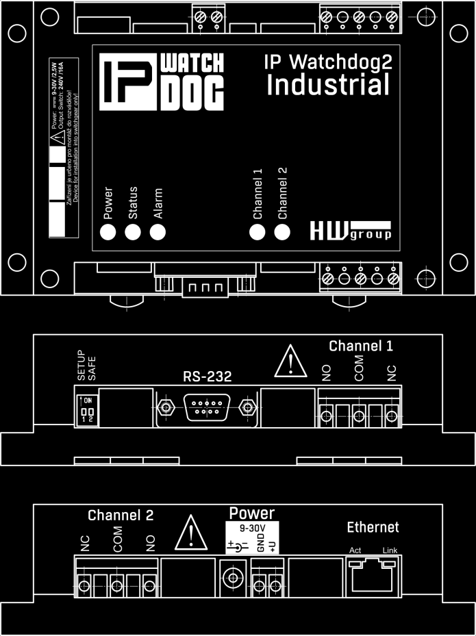 Konektory IP WatchDog2 Industrial LED Power (Zelená) svítí, je-li připojeno napájení a zařízení pracuje Status (Žlutá) blikne při přijetí signálu od hlídaného zařízení, rychle bliká při upgrade Alarm