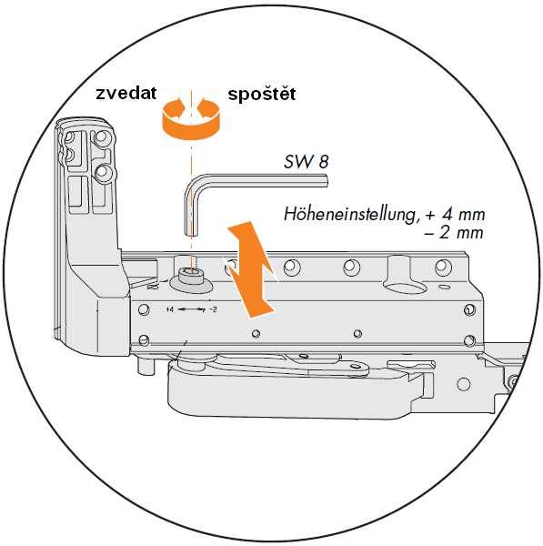 2.7.1.8 Spodní závěs oken a balkónových dveří (hliníková) Výškové seřízení imbusovým klíčem č.