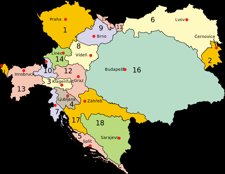 svg/288px-Austria-Hungary_map_cs.svg.png) Předlitavsko: 1. Čechy, 2. Bukovina, 3. Korutany, 4. Kraňsko, 5. Dalmácie, 6. Halič, 7. Rakouské přímoří, 8.