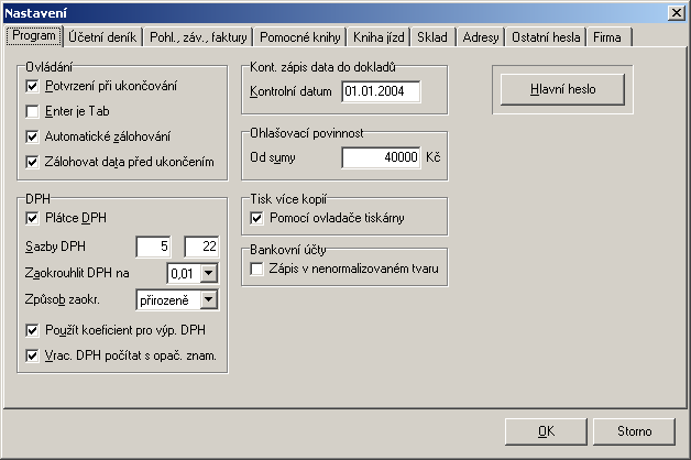 Nastavení 13 Enter je Tab Automatické zálohování Zálohovat data před ukončením lze i stlačením klávesy Esc, můžete tím zabránit nechtěnému opuštění programu, stlačíte-li klávesu Esc vícekrát.