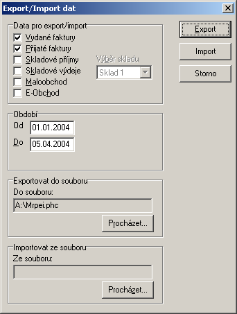88 Účetnictví V dialogu Export/Impor t/import t dat zvolte zaškrtnutím příslušné volby data, se kterými budete export nebo import realizovat, zadejte další požadované zpřesňující údaje, kliknutím na