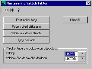 Druhým předpokladem je aktualizace tabulky předkontací, jak ukazuje následující obrázek. Třetím nutným krokem je nastavení parametrů přijatých faktur a to Předkontace pro položky odpočtu.