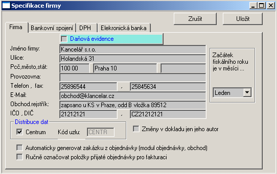 V jednotlivých záložkách listech okna zadejte základní údaje o aktuální firmě, její bankovní spojení, údaje pro elektronický přenos příkazu k úhradě, parametry DPH atd.