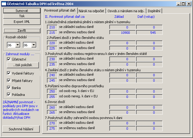 INFO V hlavním menu Parametry firmy / Specifikace firmy / DPH si zkontrolujte zadané parametry potřebné pro Přiznání DPH.