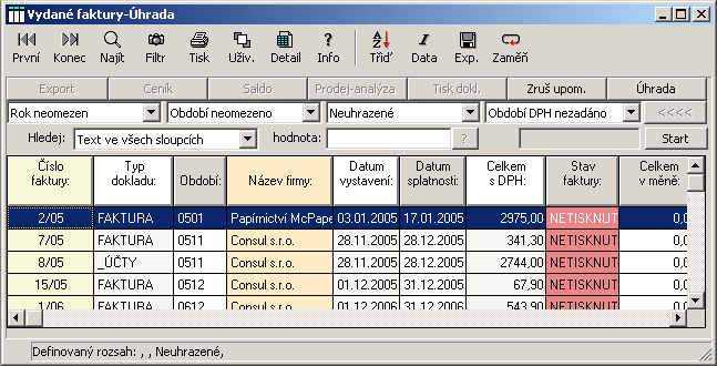 INFO Obr.46 Po definici podmínky jsou vybrané faktury zobrazeny v tabulce. Z výběru můžete dle uvážení ještě vyloučit některé faktury a pak spustit tisk upomínek.