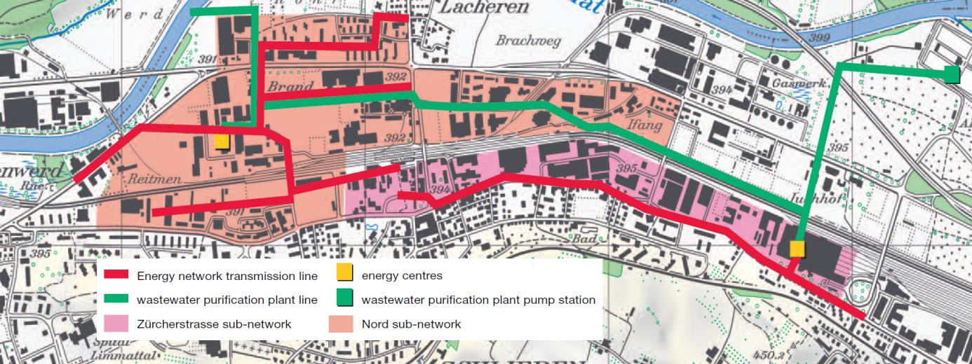 Obrázek 38: Schematické znázornění energetické sítě ve městě Schlieren (Zdroj: ewz) Obě energetická centra jsou vybavena kaskádami reversibilních tepelných čerpadel s amoniakovým chladivovým okruhem