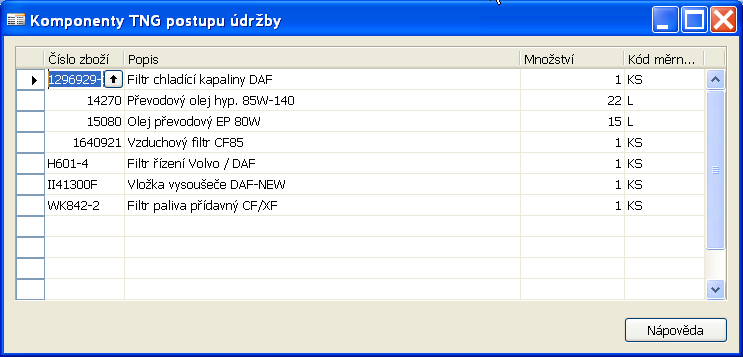 Výkony údržby se neobejdou bez náhradních dílů a dalších materiálů. Materiál je běžně v systému Dynamics NAV veden na kartách zboží.