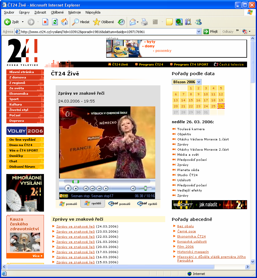 Handicapovaní uživatelé webových stránek 48 Obrázek 10: Záznam zpráv ve znakové řeči na webu ČT24.