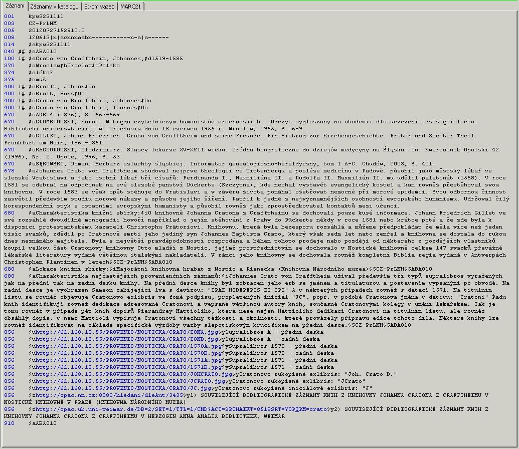 knihovně - trojí výskyt téhož pole - typ informace odlišen návěštím v podpoli $a 856 odkazy na obrazové