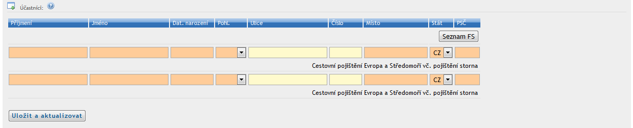 Následují údaje o zákazníkovi, neboli osobě, která uzavírá cestovní smlouvu, a případně zmocněné osobě. Zde je nutné vyplnit údaje o zákazníkovi a to minimálně barevně označené povinné údaje.