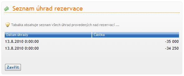 Kontrola úhrady Zkontrolovat úhradu rezervací je možné už v samotném seznamu rezervací, kde je zobrazena celková uhrazená částka na rezervaci.