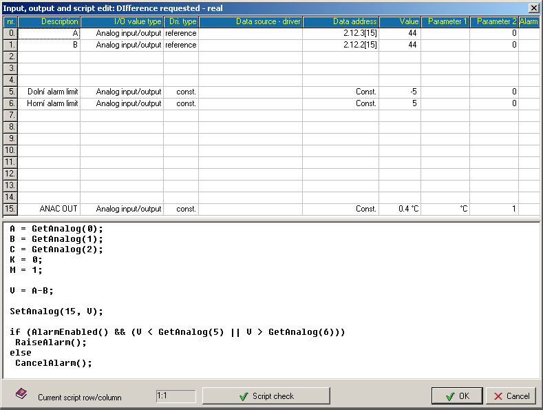 starších systémech), nebo JScript.NET. Skriptové datové body čtou hodnoty jednoho nebo několika datových bodů a výsledky výpočtů poskytují na svých výstupech. Skriptový datový bod 2.