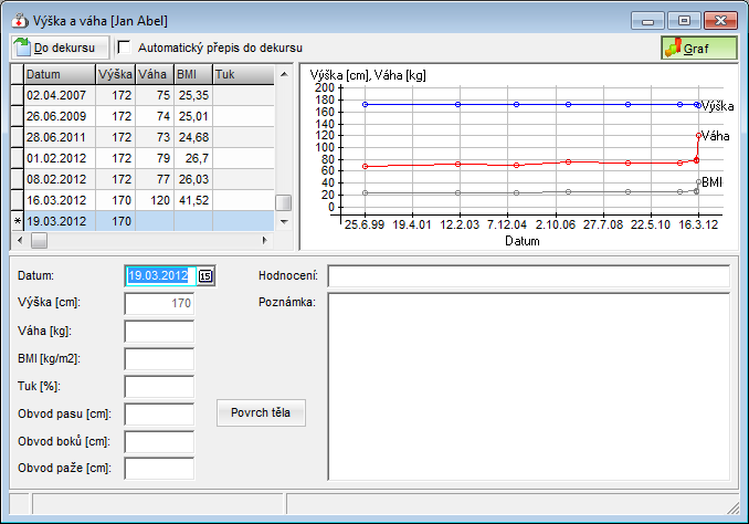 Výška a váha 4.17 Výška a váha Ikona nebo volba Vyšetření > Výška a váha. V tomto okně naleznete ucelený vývoj výšky a váhy pacienta.