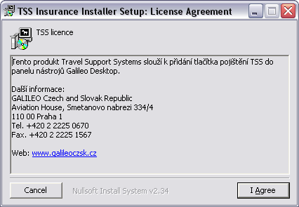 3. Potvrďte souhlas s doinstalováním nástroje pro vyvolání pojištění z GDS Galileo stisknutím tlačítka I Agree 4.