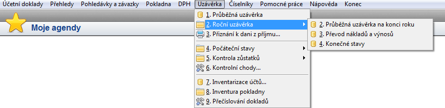 Roční uzávěrka je prováděna pouze na konci účetního období, kdy jsou již veškeré účetní doklady zaúčtovány, je provedena kontrola a uživatel požaduje: 1/ Uzavření posledního účetního období a