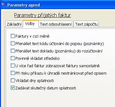 2.12. Nastavení agendy Nastavení agendy slouží k základnímu nastavení parametrů agendy přijatých faktur.