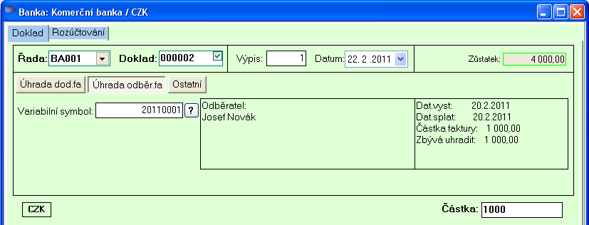 Po vložení částky úhrady se zobrazí dotaz na rozúčtování úhrady.