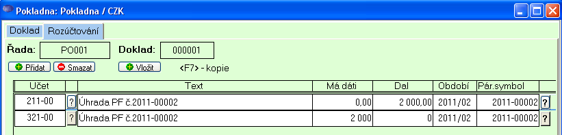 Pohyb určení pohybu příjem na účet nebo výdej pokladní knihy. Účel textový popis pokladního dokladu. Středisko pokud účetní jednotka využívá střediskové účtování, vloží se středisko.