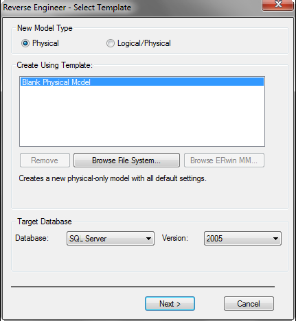 ERwin Data Modeler - dialogové okno Reverse Engineer s výběrem cílové databáze 14