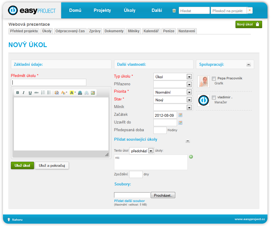Obr. 9: Easy Project > Detail projektu > Nový úkol Zdroj: (12) Tento snímek obrazovky (Obr. 9) znázorňuje vytvoření nového úkolu.