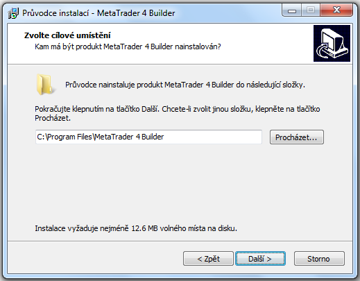 3) Zvolte adresář pro instalaci. Můžete zvolit, kam chcete MetaTrader 4 Builder nainstalovat.