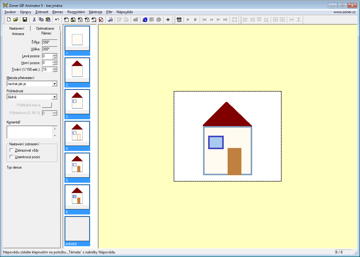 Animace z nakreslených obrázků (sami nakreslete) 1. nakreslete postupné stavění domečku v programu Malování, obrázky průběžně ukládejte 2.