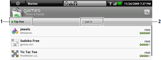 Pokud je vybrána kategorie, např. klepnutím na kartu Games (Hry) Brain & Puzzle (Hlavolamy a logické hry): 1 Klepnutím na tlačítko Top free (Nej bezplatné) seřadíte položky podle hodnocení.