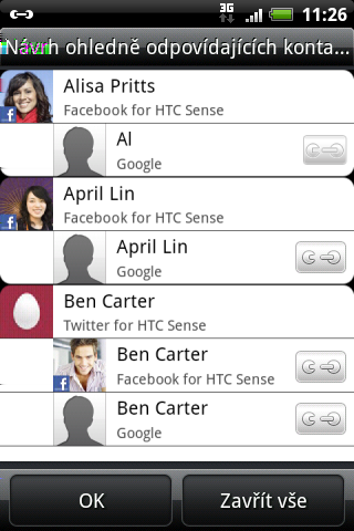Slučování informací o kontaktech Pokud máte tytéž kontakty v zařízení HTC Wildfire S, na účtu Google a na účtech sociálních sítí, jako je Facebook a Twitter, zařízení HTC Wildfire S se je pokusí
