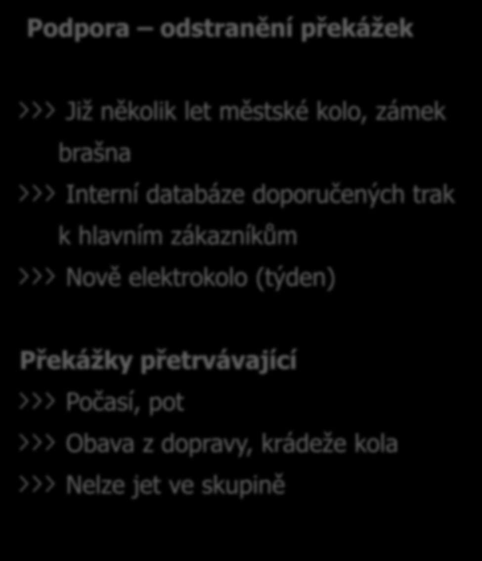 Proč za klienty na kole Motivace proč to zkusit Podpora odstranění překážek Rychlost objektivně na většinu tras Letná -> širší centrum rychlejší Image a zapamatovatelnost přijet na kole na jednání