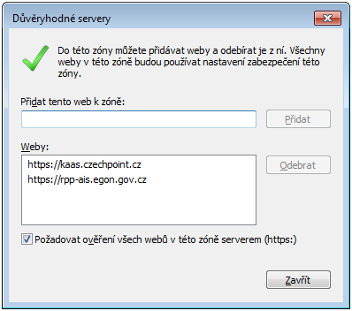 Zde je nutné postupně přidat dva následující servery: Adresa webového serveru ověření identity (JIP) - https://kaas.czechpoint.