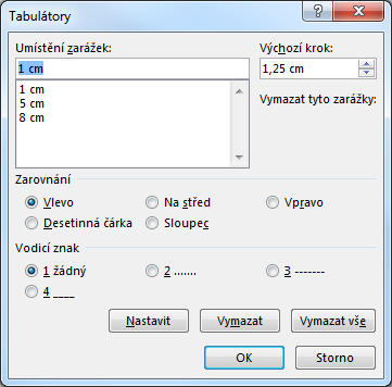 Kapitola 2: Karta Domů 21 OBR. 2-10: TEXT ZAROVNANÝ POMOCÍ TABULÁTORŮ Vodicí znak Výchozí krok Nastavení tabulátorů lze provádět pomocí dialogového okna Tabulátory (viz obr.