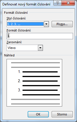 Kapitola 2: Karta Domů 22 Volbou Zarovnání nastavujeme zarovnání odrážky vůči její pozici, neměníme zarovnání odstavce. Pozici odrážky lze změnit posunutím značky Odsazení prvního řádku v pravítku.