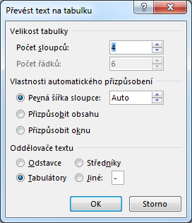 Kapitola 5: Karta Vložení 49 tlačítkem OK převod textu. Místo seznamu odděleného tabulátory je v dokumentu tabulka.