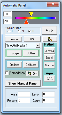 Panel Automatic Tento panel umožňuje uživateli vypočítat intenzitu choroby stiskem jednoho tlačítka myši. Tlačítka, která mají stejný název jako u panelu Classic, mají také stejné funkce. 1.