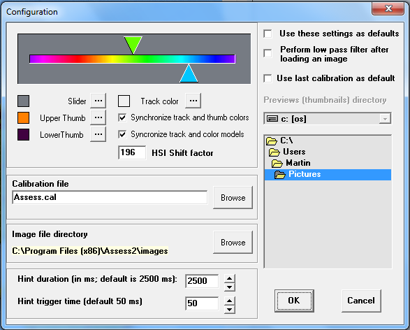 Možnosti Options Configure Assess otevře dialogové okno Configuration, uživatel může konfigurovat posuvník HSI Shift factor Hodnota v tomto editačním boxu ovlivňuje vzhled posuvníku a konverzi z RGB