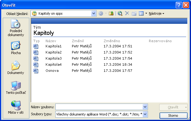 112 Úvod do Microsoft Office 2003 Obrázek 7-4: Složka Místa v síti, vyvolaná v dialogovém okně Otevřít Obrázek 7-5: Na tomto obrázku vidíme týmový web v zobrazení webového typu Bližší informace o