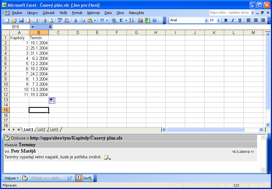 120 Úvod do Microsoft Office 2003 POZNÁMKA Panel nástrojů Diskuse na webu v aplikaci Word má také tlačítko Vloží diskusi do dokumentu, které definuje vloženou diskusi to je poznámka, připojená k